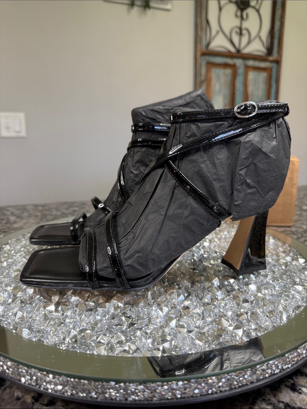 Marc Fisher Black Patent Strappy Square-Toe Heels NEW 9.5